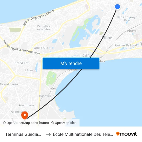 Terminus Guédiawaye to École Multinationale Des Telecoms map