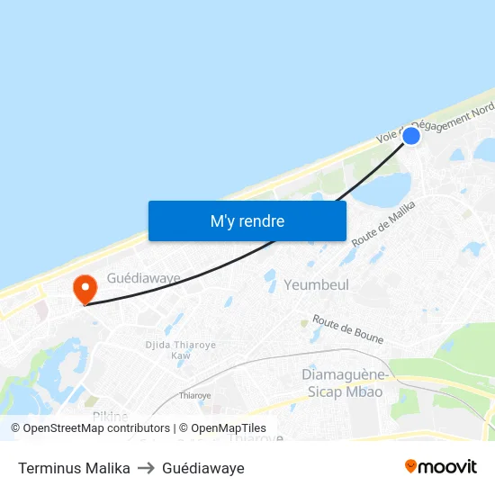 Terminus Malika to Guédiawaye map