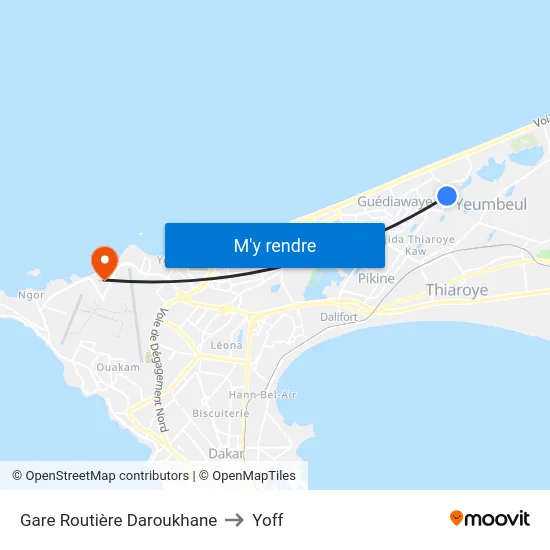 Gare Routière Daroukhane to Yoff map