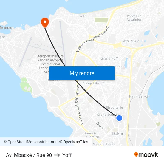 Av. Mbacké / Rue 90 to Yoff map