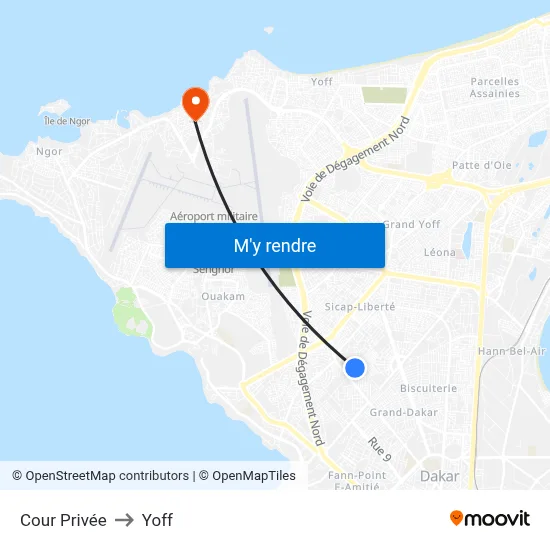 Cour Privée to Yoff map