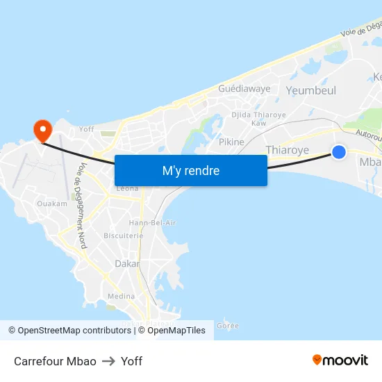 Carrefour Mbao to Yoff map