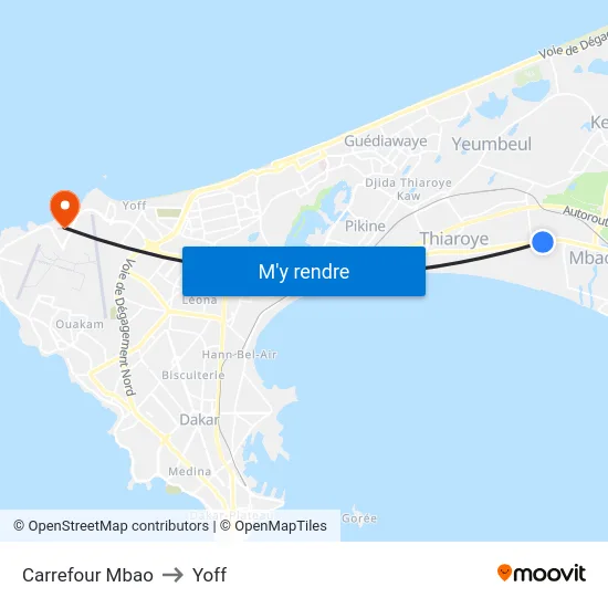 Carrefour Mbao to Yoff map