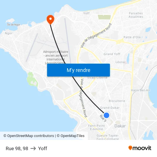Rue 98, 98 to Yoff map
