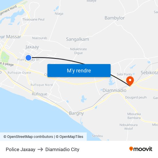 Police Jaxaay to Diamniadio City map