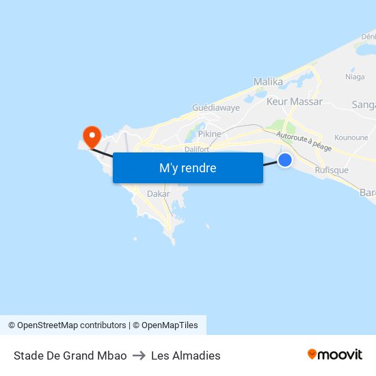 Stade De Grand Mbao to Les Almadies map