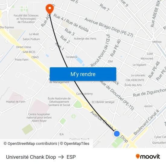 Université Chank Diop to ESP map