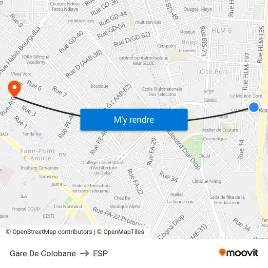 Gare De Colobane to ESP map
