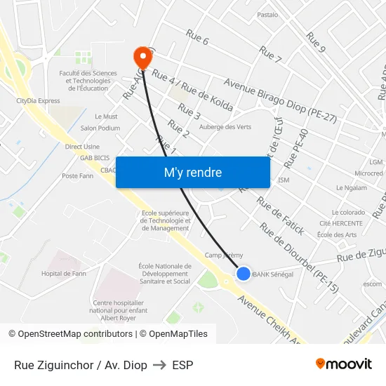 Rue Ziguinchor / Av. Diop to ESP map