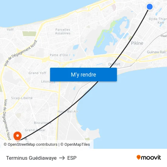 Terminus Guédiawaye to ESP map