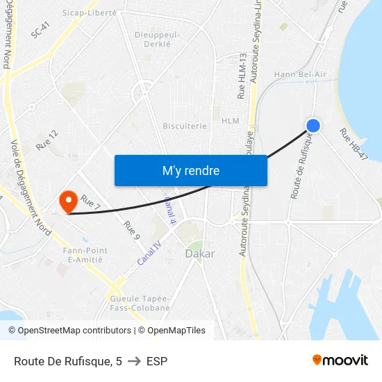 Route De Rufisque, 5 to ESP map