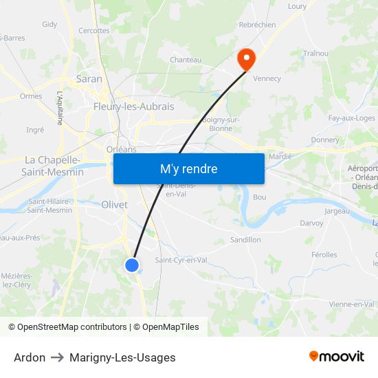 Ardon to Marigny-Les-Usages map