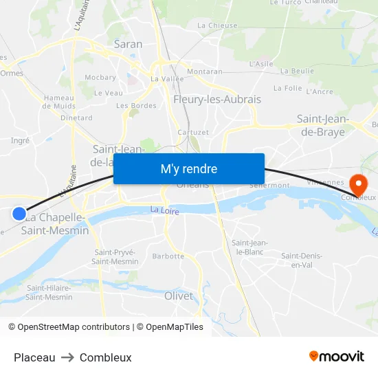 Placeau to Combleux map