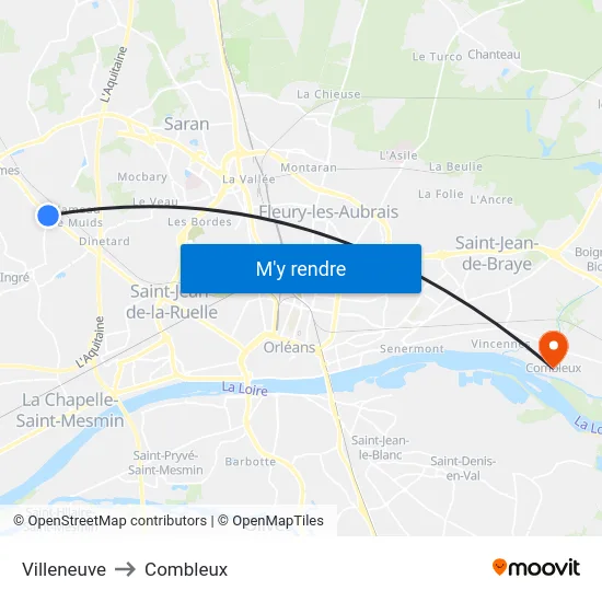 Villeneuve to Combleux map