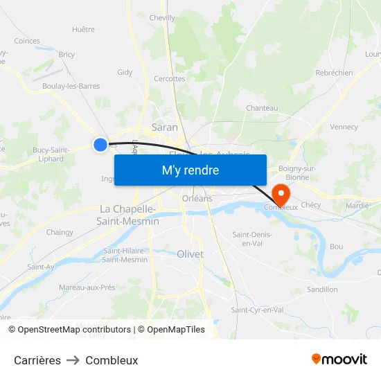 Carrières to Combleux map