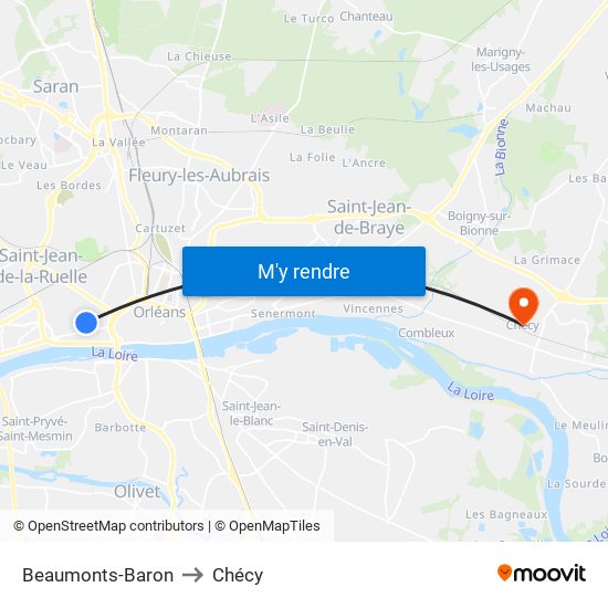 Beaumonts-Baron to Chécy map