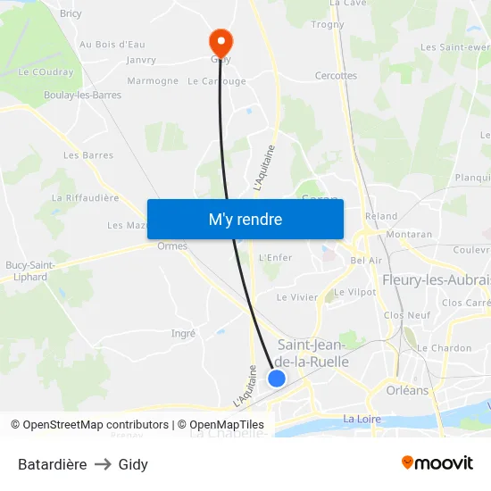 Batardière to Gidy map
