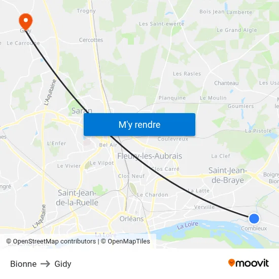 Bionne to Gidy map