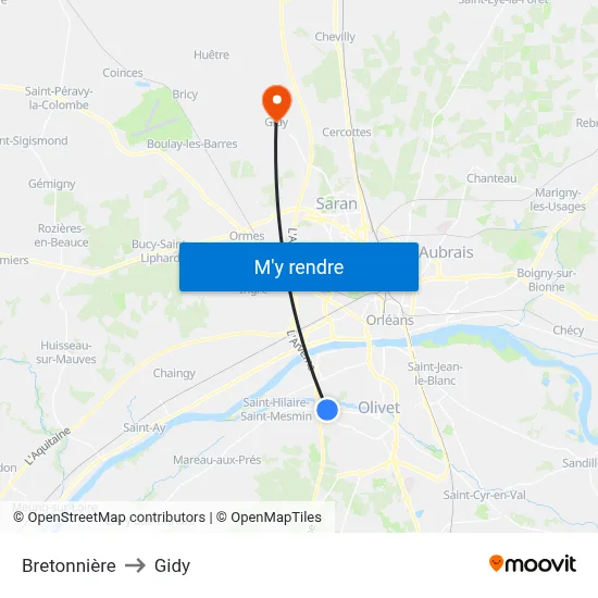 Bretonnière to Gidy map