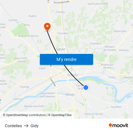 Cordelles to Gidy map