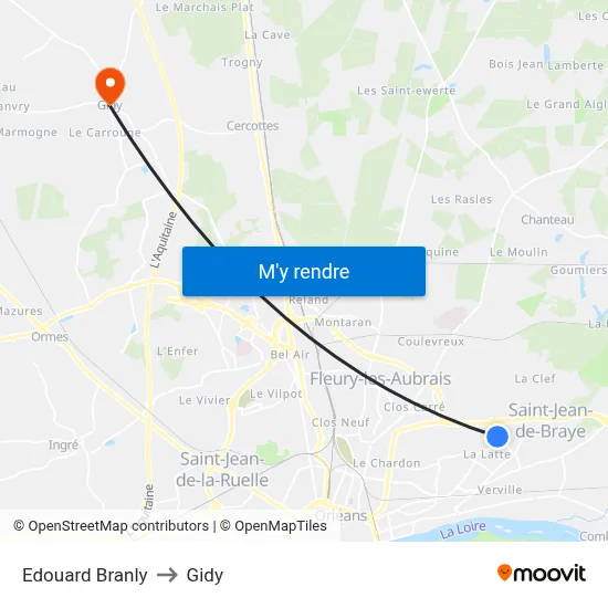 Edouard Branly to Gidy map