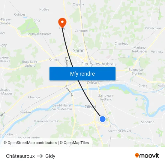 Châteauroux to Gidy map