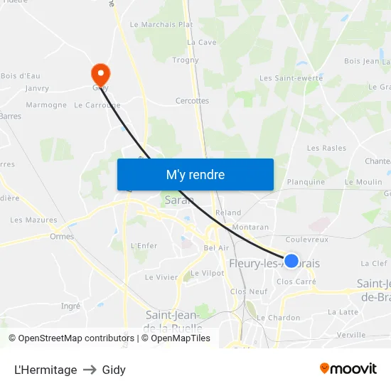 L'Hermitage to Gidy map