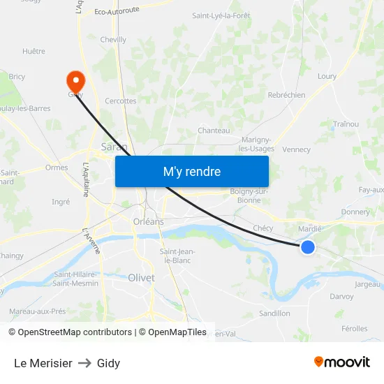 Le Merisier to Gidy map