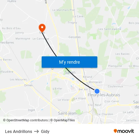 Les Andrillons to Gidy map