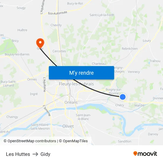 Les Huttes to Gidy map