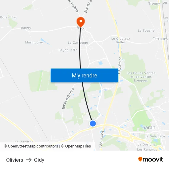Oliviers to Gidy map
