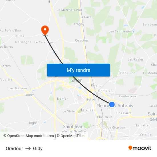 Oradour to Gidy map