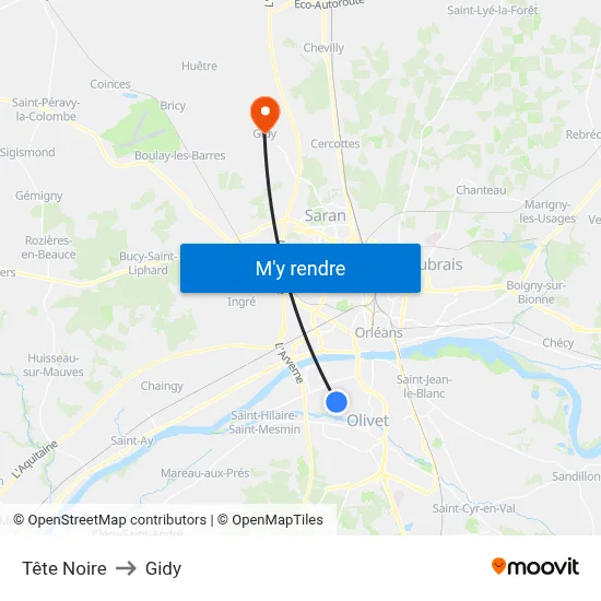 Tête Noire to Gidy map