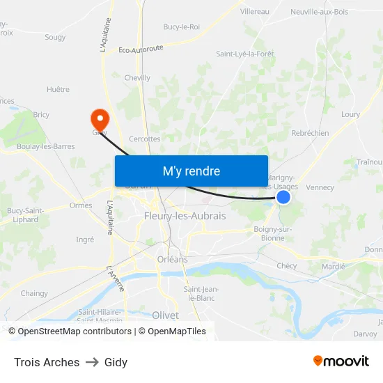 Trois Arches to Gidy map