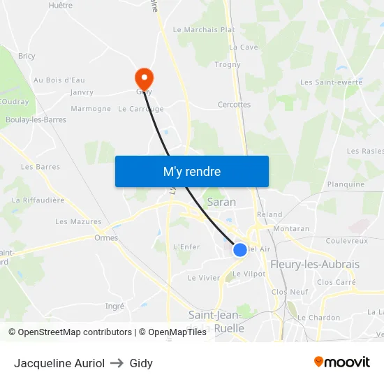 Jacqueline Auriol to Gidy map