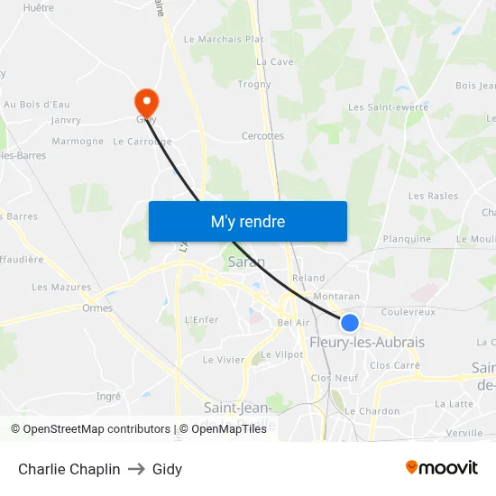 Charlie Chaplin to Gidy map