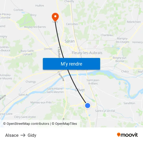 Alsace to Gidy map