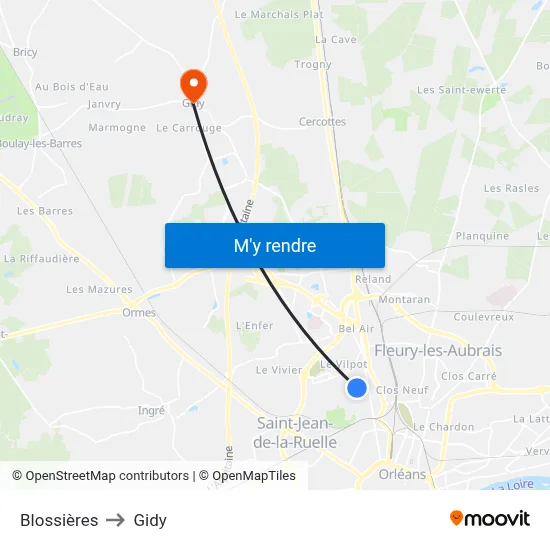 Blossières to Gidy map