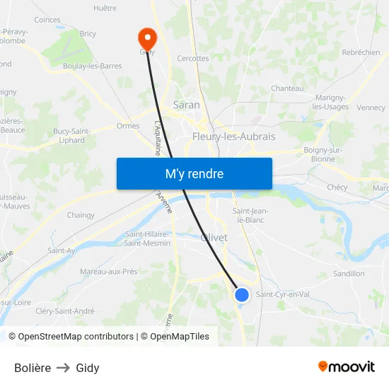 Bolière to Gidy map