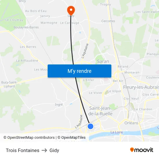 Trois Fontaines to Gidy map