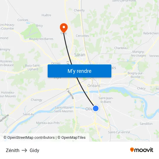 Zénith to Gidy map