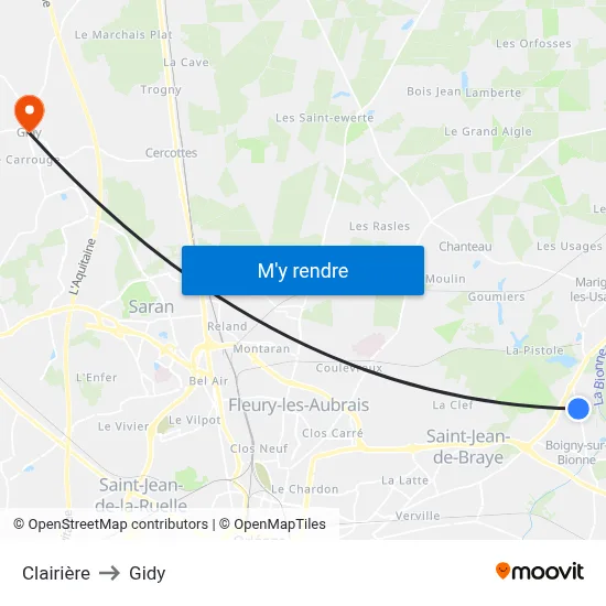 Clairière to Gidy map