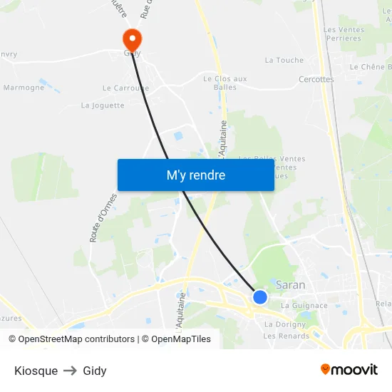Kiosque to Gidy map
