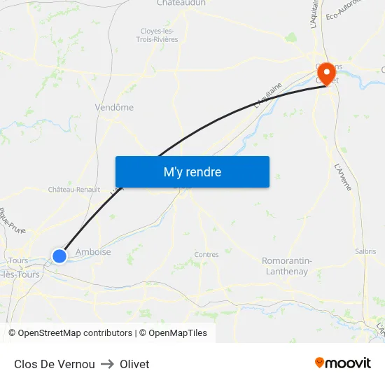 Clos De Vernou to Olivet map