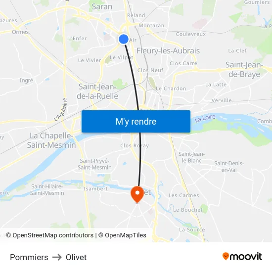 Pommiers to Olivet map