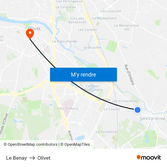 Le Benay to Olivet map