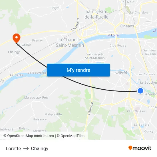 Lorette to Chaingy map