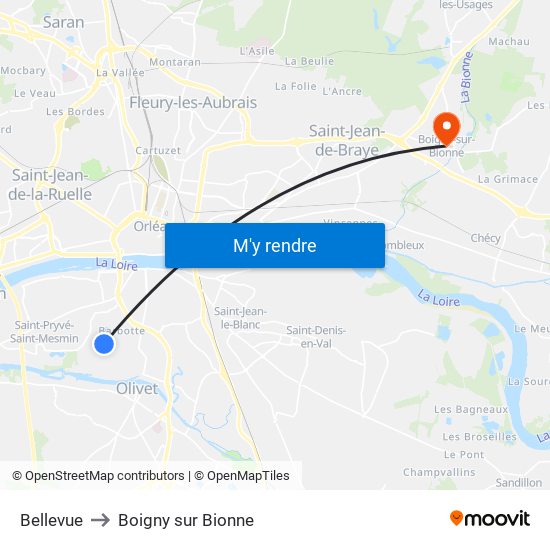 Bellevue to Boigny sur Bionne map