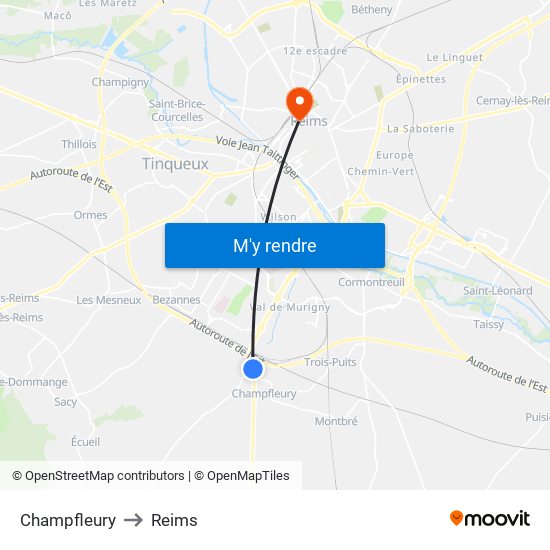 Champfleury to Reims map