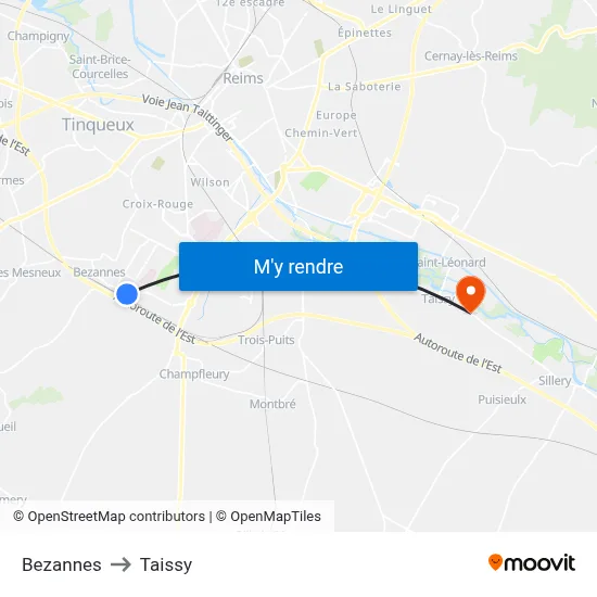Bezannes to Taissy map